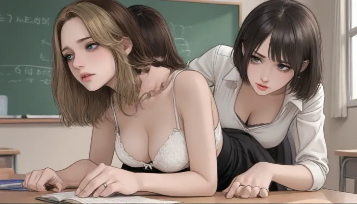 (classroom, 1 skinny girl bending over teacher's desk, strict evil teacher futanari roughly fucking her from behind, standing doggystyle, perfect frontal downblouse view, focus on cleavage, strict evil teacher futanari is groping her tits from behind, her head is resting on the desk, white school blouse, bra, black skirt, insanely beautiful, <lora:ratatatat74-000050:1.3>, <lora:outline_xl_kohaku_delta_spv5x:1.8>, <lora:cartoon_stickers_xl_v1:.6>)