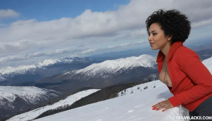 beautiful 50-years-old Afro-American woman with messy curly black hair, brown skin, dark eyes, no tattoos, dark-red painted nails. casual winter clothes, snow, mountains, sunny day, blue sky with some white clouds. high detailed photo, high quality photo. view from the side and from above.