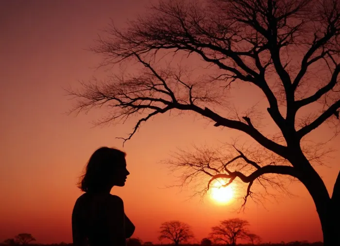 sunset in the savannah blood-red horizon, silhouette of a bare tree in the background, silhouette of a woman in the foreground, curvaceous woman