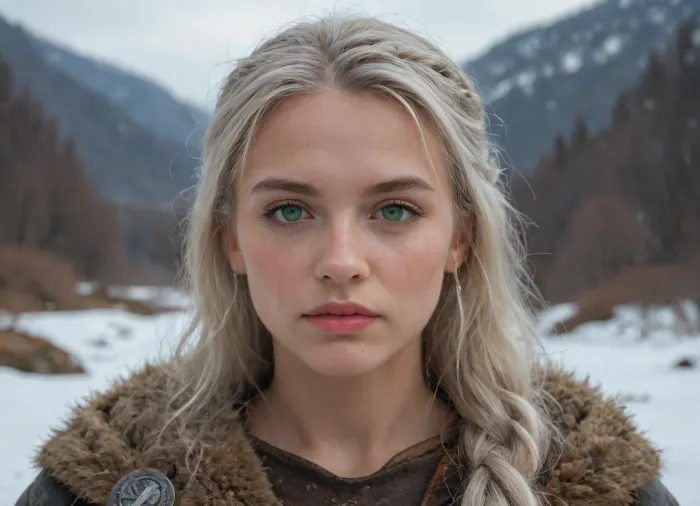 Masterpiece, realistic photography, ultra-realistic, detailed body, detailed face, realistic body, realistic face, green eyes, detailed eyes, realistic eyes angelic face, viking warrior, viking woman hairstyle, 50 years, viking braid, silver hair, serious look, look away, 3/4 view, side view, face slightly turned, towards the horizon, snowy landscape, background, peaceful face, fur hood, hood put on, woman, viking, viking outfit, realistic outfit, war painting, close-up face, cinematic blur, background blur, large format
