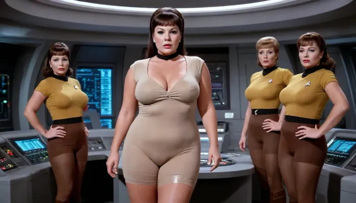A crazy old photo of five different beautiful corpulent vintage Star Trek woman, standing in a space ship command central, have a problem in their face, all in brown nylons, big bust xxl large, plus size breast, barrels nipples points through very short tank top, full body show in different poses, photo-realistic picture, action cinema