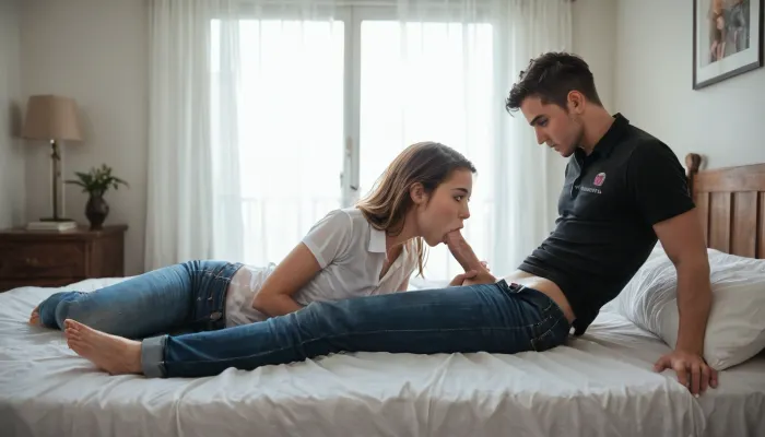 A bedroom with a bed. A young couple, (Both 18), is sitting on the bed. 1 man, 1 Woman, Both are wearing long jeans and polo shirts. His pants are open. He has a normal penis. Blowjob, Full Body Foto, highly detailed, photorealistic.