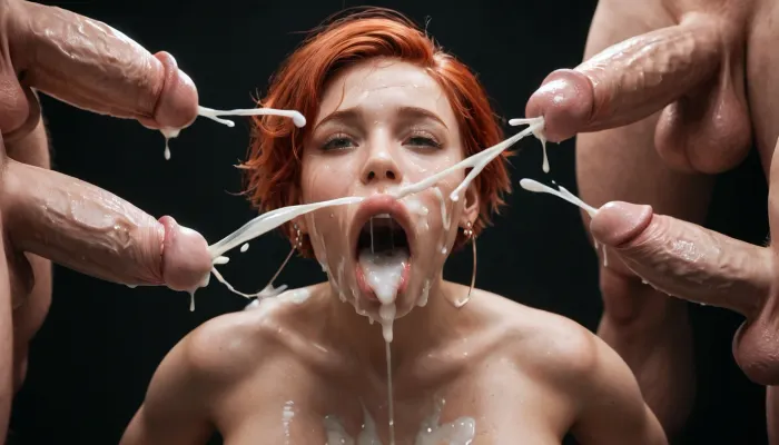 40 years old curvy woman, amateur face, moaning, red hair, (pixie hair), thick body, flat stomach, (massive breasts:1), extremely wide hips, square hips, hourglass body, (hyper gigantic ass:1.1), gorgeous face, realistic face, realistic detailed skin, black background, male in front of female, huge 24 inch white cock, hard-on, milking a huge cumshot out of a huge 17 inch white cock, extreme deep throat, small round nose, wide mouth, thick lips, small forehead, excessive cum on face, cum dripping from mouth, excessive cum dripping from penis, excessive cum on testicles, black room, cum, on, face, surrounded by dicks, 5+men, masturbating, (ejaculation:1.6), ., <lora:JustCum:.9>, <lora:WTS - WhatTheSuck - v1:.9>