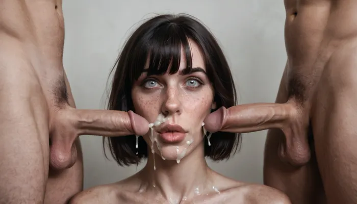 (ultra realistic, ultra detailed, best quality), (mature woman, 35 years old, (dark hair, medium-length bob with bangs), Anna, (thin face, triangular face, narrow face, narrow long nose, feint small amount of freckles across nose, narrow lips, dark grey realistic eyes, caucasian, no makeup), (petite body, (short legs, skinny legs), skinny body, (skinny:1.3)), (natural flat sagging tits, dark stiff nipples, medium halos), wide thigh gap, skinny flat ass, skinny hips, slightly tanned skin, (trimmed pubic hair:1.1), very long labia, big clitoris), no tattoos, she is an accountant, her hobby is photography, (threesome, group_sex, 2boys, gang bang, mmf_threesome, multiple_boys, nude, testicles, multiple_penises, cumshot, cum on face, cum on body)