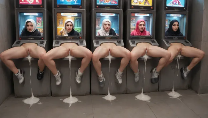 score_9, score_8_up, score_7_up, score_6_up, (lineup of sluts stuck in round opening in machines with metal rim:1.3), (spread legs restrained with thick metal rim:1.1), oiled skin, ripped white clothes, after sex, trembling, {{steamy pussy}}, cum in pussy, cum inside, cum leaking out of pussy, cum on ass, excessive cum, pussy juice dripping down to the floor, (big photo of her face on the screen of the machine:1.5), {{trembling}}, rolled up her skirt, glory wall, leaking cum, steamy pussy, (object), public display public, (use pussy stuck hole in arcade machine), (arcade machines lined up), (arcade gaming hall), wall writing, concrete wall, Muslim girl, pink hijab, (evenly spaced out lineup of free-standing metal boxes), (evenly spaced out stand-alone full-height metal boxes), (vintage vending machines)
