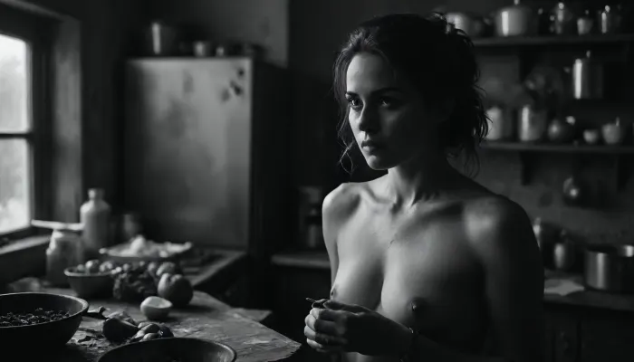 The young 18-year-old son had always been curious about his 45-year-old stepmother. One day, he decided to take matters into his own hands and explore her body. He found a picture of her in the kitchen, naked, FRESHIDEAS, Real, Photography, 2#, Black, and, white, art, black, shading, charcoal, toned, brutal, dark, b/w, color, scheme, <lora:FRESHIDEAS Real Photography 2#:.6>, <lora:Black and white art.V1:.1>, <lora:MJ52:.4>, <lora:add-detail-xl:.9>