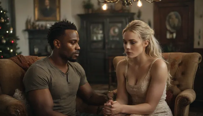 romantic ambient light, dining room, Christmas time, casual threesome, 20 years old European blonde female licking penis of 50 years old African man, breathtaking beautiful slender matured African wife supports blonde female, (elegant African man sitting in a comfortable armchair:1.6), (blonde female kneeling:1.2), blonde‘s head is just below the African man‘s Penis, (firmly grasps the hard cock and sucks devotedly and submissively the testicle:1), perfect finger, African man cumming, erected penis, penis licking, flat-chested, tanned skin, interracial, fully clothed, elegant dress, dress lift up, soaked hair, average bodies, domination, pushing head against penis, no shame, firm ass, feast on the table, Christmas decoration, perfect face, perfect hands, (a further man in BACKGROUND:1.9), (European blonde man), European man decorates the Christmas tree in background, 8k, photorealistic, realistic skin, FRESHIDEAS, Real, Photography, 2#, Black, and, white, art, black, shading, charcoal, toned, brutal, dark, b/w, color, scheme, <lora:FRESHIDEAS Real Photography 2#:.6>, <lora:Black and white art.V1:.5>, <lora:MJ52:.4>, <lora:add-detail-xl:.8>, 4ng3l, face, <lora:SDXL_BetterFaces-LoRA_v1:.8>