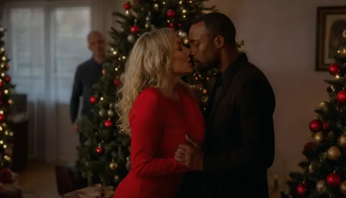 romantic ambient light, (full body view of kissing interracial couple:1.8), three people in one living room, Christmas time, (kissing interracial couple in the focused foreground:1.8), (50 years old matured hot skinny European blonde female), kissing, (30 years old elegant handsome African man), perfect face, perfect hands, (backside view of a third male person at Christmas tree in BACKGROUND:1.9), FRESHIDEAS, Real, Photography, 2#, sunlight_str1, <lora:FRESHIDEAS Real Photography 2#:.8>, <lora:MJ52:1.6>, <lora:add-detail-xl:.5>, <lora:sunlight_str1-SDXL_v1-dim64-steps1691:1.2>
