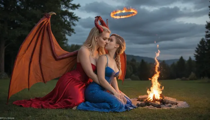 brunette demon girl with small red horns and red bat-like wings in red dress sitting on grass, blonde angel girl with massive white dove wings in blue dress behind her, long blue silk dress, (braid), lesbians, m size boobs, exposed breast, 6ft tall, kiss, (massive wings), (red pointy tail), (fire horns), (tiny minions around), campfire, halo, (burning witch), (night), (fisting), saint, evil