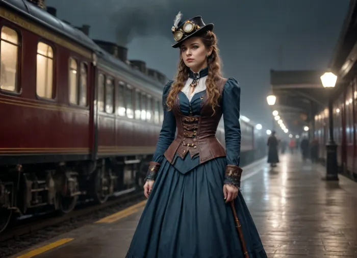 steampunk style railroad station, train arriving, steam locomotive first, late night, rainy windy whether, meet-and-greet girl in victorian dress standing around