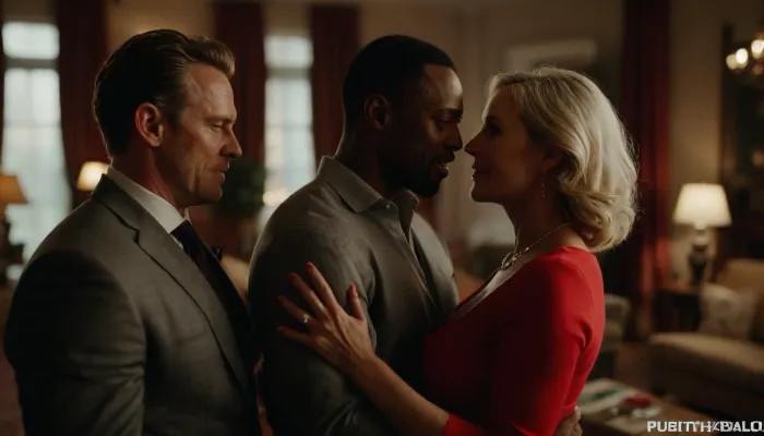 romantic ambient light, (a white-skinned husband hands his sexually aroused hot mature wife to an muscular elegant African man for hot sex), husband shares his wife to please her, Christmas time, husband stands in the background, 50-year-old mature hot thin blonde wife kissing her African lover, happy wife pushes husband softly away, perfect face, perfect hands, elegant living room of a mansion, various emotions, various facial expressions, various perspectives, active movements, 8k, photorealistic, FRESHIDEAS, Real, Photography, 2#, <lora:FRESHIDEAS Real Photography 2#:.5>, <lora:add-detail-xl:.6>, <lora:MJ52:.4>