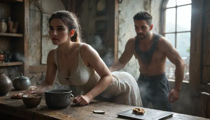 1man, 1girl, 16th century., (Peter is an very much ugly, ultra fat, bald head, male matured cook:1), in the galley of a pirate sailing ship, his belly is fat and round. highly detailed face, partly toothless. The clothing corresponds to simple 16th-century cotton dress clothing. Peter is fucking Maria from behind in the low light galley, Maria is Peter's kitchen helper, (Maria is sexy, young and slim:1), Peter fucks Maria from behind, Peter push Maria to bent over the pot of soup, while Maria stirs a large pot of soup on the fire, rough, (sweaty bodies:1.7), extremely hot stove, boiling overflowing pots on the messy stove, smoke and steam mixing in the air, (smoke and steam:1.3), stuffy hot galley, highly detailed messy dirty galley, cinematic, (masterpiece, detailed), FRESHIDEAS, Real, Photography, 2#, Black, and, white, art, black, shading, charcoal, toned, brutal, dark, b/w, color, scheme, <lora:FRESHIDEAS Real Photography 2#:.6>, <lora:Black and white art.V1:.5>, <lora:MJ52:.4>, <lora:add-detail-xl:1.1>, <lora:Dramatic_penis_SDXL:1.9>