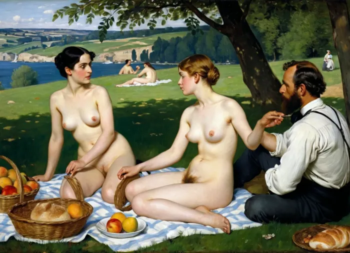 masterpiece, full color image, 8K quality, "Breakfast on the grass"— a painting by the French artist Edouard Manet, painted in 1863. two fully clothed men with a naked beautiful woman and a bathing girl in the background in nature, a naked woman shamelessly looks directly at the viewer, the style of the painting breaks with the academic traditions of the time. The harsh "photographic" light eliminates semitones, and the men are dressed like dandies. They're so engrossed in the conversation that they don't seem to notice the women at all. In front of them lies discarded women's clothes, a fruit basket and round bread. In the background, a second woman in light clothes washes in the river. The painting puzzles with the "wrong" perspective, an excessively large female figure in the background in an autonomously illuminated, unreal space. The background of the painting lacks depth, giving the impression that the whole scene is not taking place in nature, but in a studio. This impression is enhanced by the light, which gives almost no shadows. The painting is made with oil paints