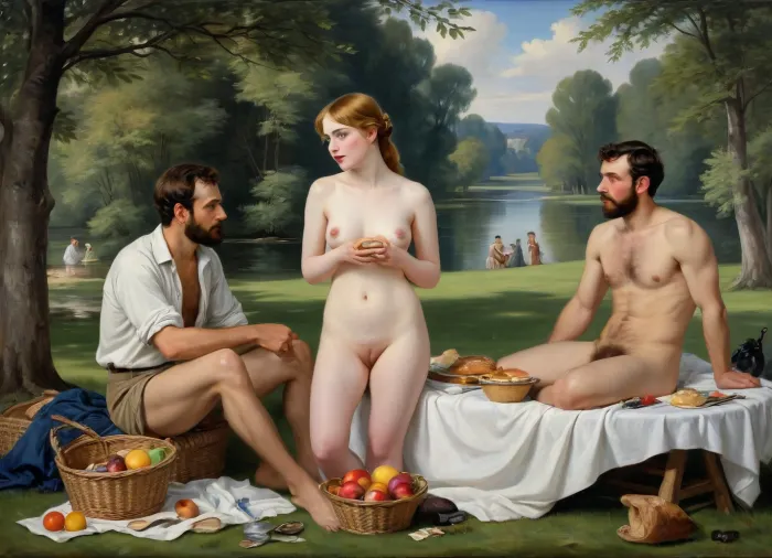 masterpiece, full color image, 8K quality, "Breakfast on the grass"— a painting by the French artist Edouard Manet, painted in 1863. two fully clothed men with a naked beautiful woman and a bathing girl in the background in nature, a naked woman shamelessly looks directly at the viewer, the style of the painting breaks with the academic traditions of the time. The harsh "photographic" light eliminates semitones, and the men are dressed like dandies. They're so engrossed in the conversation that they don't seem to notice the women at all. In front of them lies discarded women's clothes, a fruit basket and round bread. In the background, a second woman in light clothes washes in the river. The painting puzzles with the "wrong" perspective, an excessively large female figure in the background in an autonomously illuminated, unreal space. The background of the painting lacks depth, giving the impression that the whole scene is not taking place in nature, but in a studio. This impression is enhanced by the light, which gives almost no shadows. The painting is made with oil paints