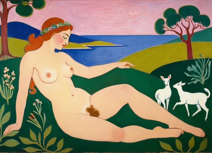 masterpiece, full color image, 8K quality, "Nymph and Satyr" by Henri Matisse, created in 1909.A fawn catching a nymph by surprise, the painting depicts naked bodies against a landscape background. The yellow-green plane of the earth in the foreground flows into the soft shapes of the hills in the background, their contours outlined by dark green lines. The aquamarine line of the reservoir separates the plans, from where, apparently, the nymph came out, to which the satyr lustfully rushes, the reddish color of the latter's body and the pale pink flesh of the nymph contrast sharply with the colors of the surrounding landscape. Laconism and graphicity in the drawing of figures evoke images from ancient vase painting and enhance the dramatic effect inherent in the expressive poses of the characters in the painting. The painting is painted with oil paints.is enhanced by the light, which gives almost no shadows. The painting is made with oil paints