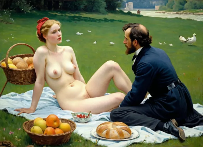 masterpiece, full color image, 8K quality, "Breakfast on the grass"— a painting by the French artist Edouard Manet, painted in 1863. two fully clothed men seducing a naked beautiful woman, bathing girl in the background in nature, a naked woman shamelessly looks directly at the viewer, the style of the painting breaks with the academic traditions of the time. The harsh "photographic" light eliminates semitones, and the men are dressed like dandies. They're so engrossed in the conversation that they don't seem to notice the women at all. In front of them lies discarded women's clothes, a fruit basket and round bread. In the background, a second woman in light clothes washes in the river. The painting puzzles with the "wrong" perspective, an excessively large female figure in the background in an autonomously illuminated, unreal space. The background of the painting lacks depth, giving the impression that the whole scene is not taking place in nature, but in a studio. This impression is enhanced by the light, which gives almost no shadows. The painting is made with oil paints