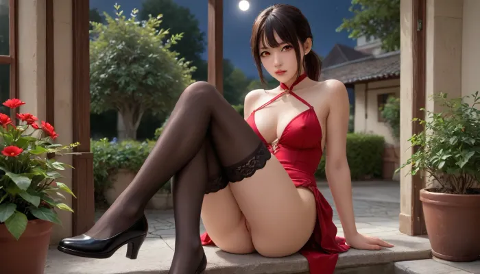 Night, date, date atmosphere, garden, asian woman, short black hair with ponytail haircut, beautiful red eyes, eye contact, full wet lips, short tight red dress, make up, black silk stockings, perfect legs in black stockings, front view, raised leg, tanned skin, juicy vagina, NEGATIVE_HANDS, green, eyes, blue, brown, perfecteyes, <lora:PerfectEyesXL:.8>, kooo123, koooenako, <lora:Enako_v1_XL:.8>, skirtlift, <lora:skirtlift_xl:.8>, breasts out, big boobs, large nipples, standing with one raised leg in stockings, crossed legs in stockings, pubic hair, black shoes and black stockings