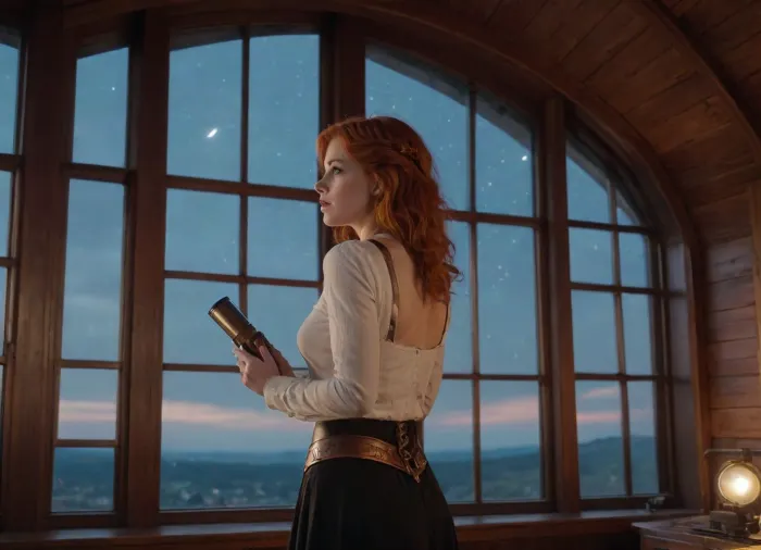 In a steampunk-styled astronomt observatory, (copper, wood, big windows, telescope), a young scientist, (25, red head, big breast), looks at the windows, where a bright comet, (long trail), is streaking across a clear, star-filled night sky.

She wears a white scientist blouse, (deep cleavage), .

Back view, night, low light, perfect eyes, masterpiece, 8k, wide angle, realistic, shot on a nikon d5 50mm, perfect face, sexy, glamorous, 1girl