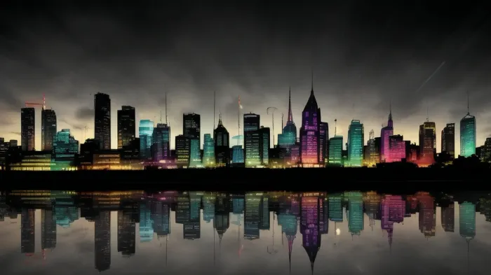 Several City silhouette with reflections and different colors. And in a black background.