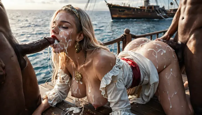(Cum details), realistic cum, Prominent cum, (white cum:1.7), cum on, (Cum flows:1.2), (cum on body:1.3), cum on hair, (cum on face:1.3), cum on nipples, cum on butt, cum on ass cheeks, bukkake, ((Clothes and body covered with semen)), Best quality, masterpiece, high resolution, 8k wallpaper, high quality HD, high detail 8K, perfect lighting, best shadow, best frame, dark theme, ((pirate ship)), on the deck, sexy African girl, attractive girl, beautiful girl, African, (dark skin:1.7), beautiful woman body, blonde long hair, (light hair:1.5), with huge thighs and normal breasts. sucking penis and having anal sex at the same time. happy face, light smile, full realism, dgbjmx, spitroast, mmf threesome, doggystyle, bent over, sex from behind, oral, penis, multiple boys, hetero, (5boys), multiple penises, dark-skinned male, 21 year old, Bolivian supermodel, pretty face, closed eyes, backlighting lighting, real life, RAW photo, subject, 8k uhd, soft lighting, high quality, realistic, dp, creampie, full wide view, room view, looking up, ((red lips)), (full body), drool, cum on mouth, cum on breast, cum on tighs, more cum, ((covered by cum)), saliva pouring from mouth, deep balls, dress lifted up on back, (golden tiara, girl has golden bracelets, golden necklace), cumshot, massive ejeculations, cum on fly, deep throat, submissive, shy, handjob, orgasm face, cum dripping from nipples, (male pirate clothes), pirate captain, <lora:add-detail-xl:1.6>