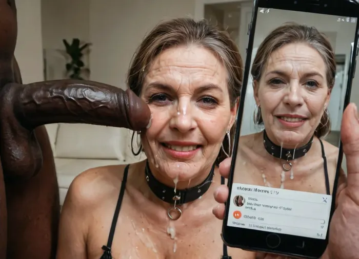 UHD 8K, extreme realism, maximum detail, (husband view), (lingerie), (chubby 50 yo mature wife:1.3), (50 years old woman:1.3), detailed black cock, interracial, thick bdsm collar, (humiliated:1.5), (forced), (abused), (close up face portrait:1.4), mirror, (forced to pose:1.2), posing for husband, cuckold, (cum drenched face:1.2), cum in eyes, cum in hair, (forced, grabbing:1.3), spontaneous face expressions, (cuckold husband is watching:1.4), husband helping, (husband taking pics with phone:1.4), (same image in the phone screen, real image on the screen, image in real time), blowjob, (sexy lingerie), stockings, high heels, cum threads, (realistic faces:1.3), (perfect face:1.2), (detailed eyes:1.3), perfect hands, realistic detailed eyes, (realistic mature skin texture:1.1), (realistic detailed cock:1.1), realistic cum texture, ruined make up, in a living room, (sagging body skin), flaccid tits, flaccid belly skin, flaccid ass, hairy ass, dirty hair, sweaty, exhausted, disheveled, cum on hair, smiling, (big tits), wide view, photo, portrait, facial, expression, movie, still, film, cinematic, shot, lighting, macro, 35mm, green, eyes, blue, brown, close, up, teeth, braces, bukkake, cum, <lora:real-humans-PublicPrompts:.8>, <lora:580159_training_data:.3>, <lora:Expressions XL:.3>, <lora:AdvancedEnhancerXLv2:.1>, <lora:MS_Real_XL_Bukkake:.1>