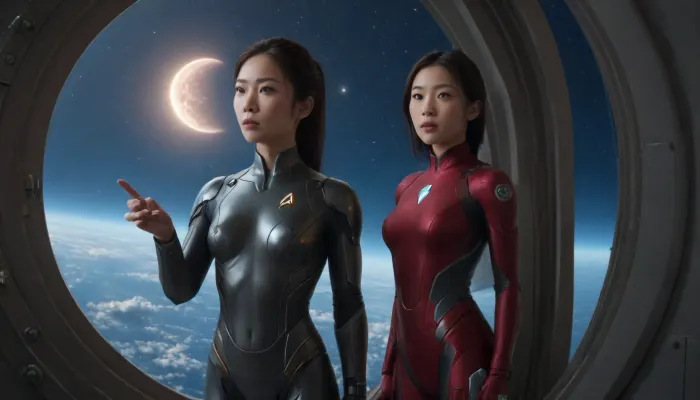 (masterpiece), (best quality), (photorealism:1.2), (ultra-detailing), (high resolution), (volumetric lighting), (intricate detail), full frame, (cyborg asian woman:1.6), standing in an observatory near a spaceship porthole and, (look at a flying comet:1.7), (flying comet in space seen through a porthole:1.7), natural realistic lighting
