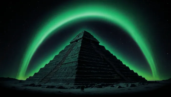 (((completely black background))), a step pyramid silhouette background northern lights