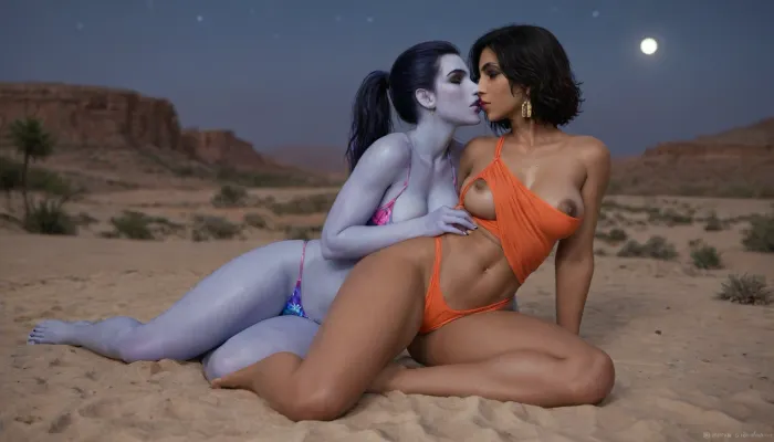 2 women, (pharah amari from Overwatch), (blue skin widowmaker with from Overwatchn), colorful racerback swimsuit, desert, night, moon, big breast, (wide hips:1.6), Athletic body, (muscular shoulders and arms:1.4), thick lips, plump lips, laying, kissing.