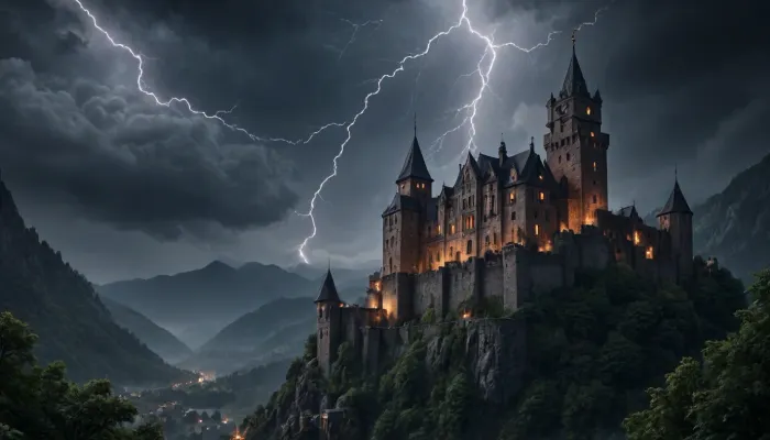 A huge menacing eerie and creepy medieval castle sits atop the mountain. It exudes a sinister appearance. moonlight shines upon its medieval walls. it is surrounded in dense heavy fog. a cold and unsettling silence lingers in the air. Every brick is visible, mountainous terrain, (heavy thunderstorm:1.7), (pouring rain:1.4), (intricate detail:1.6), uhd 8k, masterpiece, best quality, award winning photo, beautiful artwork, dark atmosphere, mw01out, <lora:Medieval_Worlds_outsidexl:.8>