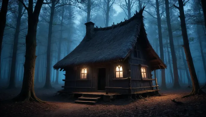 witch hut in forest, dark gothic, overgrowm, glooming blue light