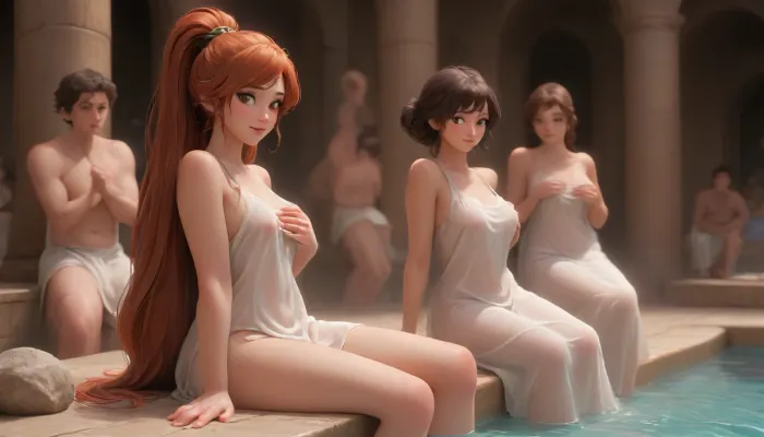 (Greek bathhouse, crowded, 1girl, sitting on the side of pool, surrounded by males, naked males), Megara from Hercules, big eyes, brown eyes, gorgeous lips, very long hair, redhead, sideswept bangs, high ponytail, fair skin, big boobs, (horny face, smiling, wet body, wet clothes, no underwear, Greek toga, white silk toga, see-through clothes, undressing, alluring pose, hands squeezing own breasts), breasts, silhouette, <lora:Samaritan 3d Cartoon SDXL:.5>, <lora:princess_xl_v2:.5>, <lora:fantasy_toga_sdxl_v2.3:.5>, <lora:breasts silhouette XL:.5>
