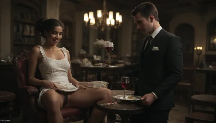 Two people, a man and a woman, masterpiece, best quality, ultra HD, hyper-realistic, high res, ultra realistic 8k cg, The scene takes place on the patio of a 5 star hotel on a warm tropical evening, A petite 60 year old aging mature African lady with black hair styled with a pony tail and fringe, She is wearing a tight short satin floral Cheongsam dress, She has dark smooth skin, no panties, very seductive look, Hairy pussy, Laughing, (She is relaxing in a rattan chair), (A handsome man waiter holding a tray is serving her a glass of wine:1.1), It is nighttime and the patio is lit by a small candle on a nearby table, she is looking at the waiter, the waiter is standing wearing a white apron, <lora:dark:.5>