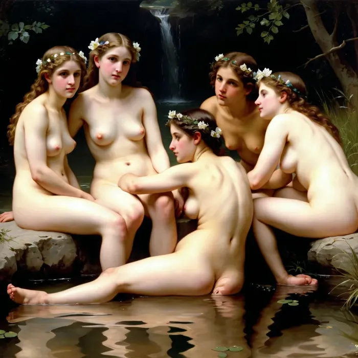 masterpiece, full color image, 8K quality, ""Nymphs and Satyr" by William Bouguereau, painted in 1873, the painting depicts a group of nymphs who, bathing naked in a secluded pond, discovered a voluptuous satyr peeping at them. Surrounding him from all sides, they drag the satyr, who is resting his hooves into the water, the aristocratic seductiveness of the nymphs is visible. Bouguereau's painting technique is characterized by soft transitions of tones and detail, which enhances the symbolism of the plot. The painting is made with oil paints