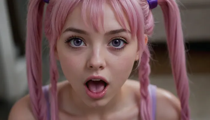 A girl with very long pastel pink twintails and striking purple eyes gazes at the viewer with an innocent yet lewd ahegao expression—tongue out, eyes rolled back, and cheeks flushed. exposed perky breasts with erect nipples. Her tight, virgin pussy is visibly wet, emphasized by glistening details. Explicit NSFW