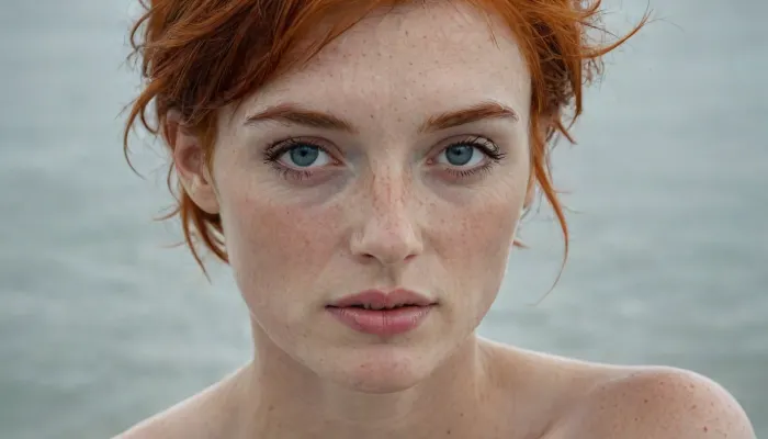 irish milf, 50 years old, red hair, short hair, angel like face, narrow face, high cheekbones, slight overbite, (freckles:1.5), perfect makeup, firm round breasts, nude, white skin, seductive smile, light blue eyes, beach background, photographers lighting, 4ng3l, face, perfecteyes, <lora:SDXL_BetterFaces-LoRA_v1:1>, <lora:lora-sdxl-perfect-eyes:1>, <lora:Realistic_People_V1:.9>