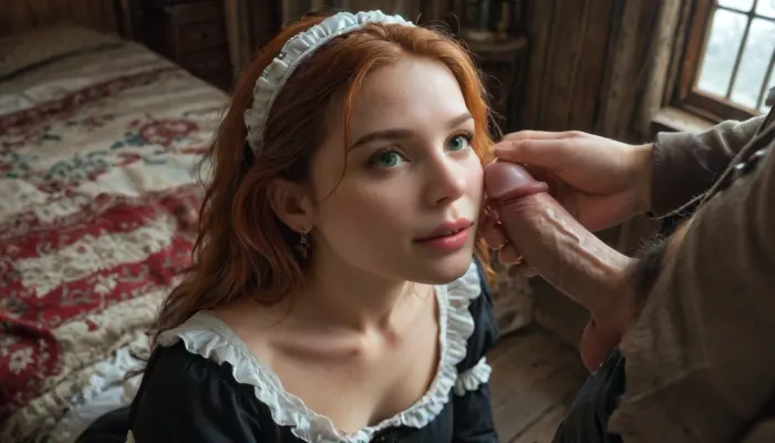 15th century, 1 woman, 1 man, realistic directional lighting, (view from above), ((medieval scene:1.3)), (ultra-detailed beautiful girl), 18 years old, wearing Victorian maid costume, perfect face, perfect hands, perfect green eyes, very small woman, long messy red hair, ((firm small breasts:1.4)), lots of red pubic hair, girl kneels before an old lord and opens his trousers and sees for the first time the beautiful, ((detailed cock, much gray pubic hair:1.3)), old lord has silent smile, young maid looks joyfully surprised, intimate tender moment in the morning sun in backlight, early morning in the morning mist at the edge of the forest, the castle in the background, detailed image, high resolution, highres, side view, cin3, DonMN1gh7XL, FRESHIDEAS, Real, Photography, 2#, <lora:cine:.9>, <lora:DonMN1gh7rXL-000006:.3>, <lora:FRESHIDEAS Real Photography 2#:.3>, 4ng3l, face, <lora:SDXL_BetterFaces-LoRA_v1:.8>