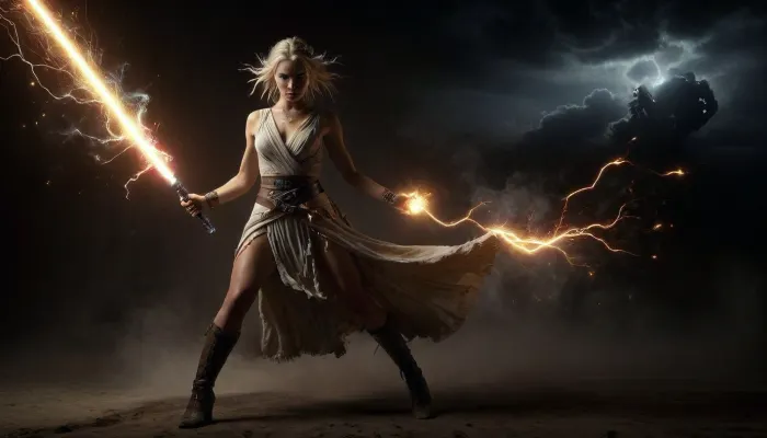 Star Wars Style, heroic full body view of a attacking Jedi Warrior, perfect face, fast movement lifting up toga inadvertently, showing her perfect pussy inadvertently, slender, slim waist, blonde dreadlocks, flat breasted, sweating, dirt, perfect tanned skin, lucky charm necklace, lightsaber, highly detailed costume, highly detailed face, desert, bright sunshine on sweaty skin, spaceport, millennium falcon in background, nuisette, a, lace, fur, dress, cloudy, smoke, atmospheric, clouds, fog, Explosion, Artstyle, face, mask, girl, scar, wings, glowing, armor, made, of, golden, and, blue, red, yellow, purple, lightning, thunder, trails, lthndrtrl, <lora:Cloudy_Style:.7>, <lora:Explosion Artstyle - Trigger is Explosion Artstyle:.8>, <lora:Clariss_The_Hot_Cyber_Warrior-000009:1.3>, <lora:dark:.1>, <lora:lightning_thunder_V1.1:.6>