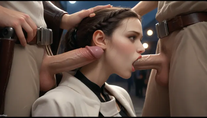 Cartoon, masterpiece, best quality, high resolution, hires, score_9, score_8_up, score_7_up, score_6_up, (Padmé Amidala:1.4), stocky body, medium breasts, perky pointed gumdrop nipples, tight white outfit with a Grey belt, large white scarf around neck, blaster gun holster, horny expression, breasts exposed, on knees, getting tied up by Star wars battle Droids, star wars battle Droids are capturing Padmè, deepthroat, (tied up, captured, tied up in a star wars Droid factory), battle Droids from star wars surrounding padmè, gigantic thick vainy penis's, at night, faint red lighting, dark lighting, detailed background, close up, ratatatat74 art style, incase style, p4dme, woman, long, wavy, hair, blue, night, garb, white, uniform, chignon, coat, naboo, corset, braid, ponytail, tiara, 7-B2, <lora:287175_training_data:1.4>, <lora:ratatatat74-000050:1.4>, <lora:padme amidala - p4dme woman:1.4>, <lora:B2 Droid SDXL v1.0:1.4>