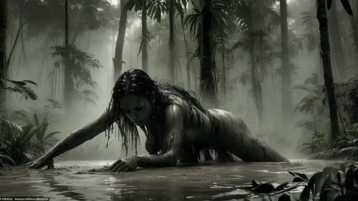 ((subject, a nude woman crawling out of water, description, a woman has fallen from a great height into the water of a rainforest river, she is exhausted and in pain as she struggles to crawl onto the, muddy shore, her face is twisted in pain, the scene resembles the intense survival moments from the movie Predator, the rainforest is dense and humid with towering trees and thick foliage, the water is dark and murky, style/aesthetic, cinematic and dramatic, high contrast lighting with a gritty, realistic tone, inspired by action-thriller films)), crying, with, tears, muddy body, muddy face