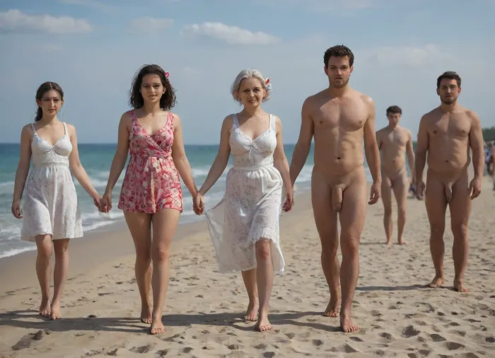 (very old obese granny in floral sundress), hair bow, is walking down the beach, holding hand of, (slim naked man with flaccid cock), each, surrounded by group of young naked men and women in sundresses, . Looking into eyes. Happy. Sunny day.