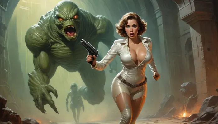 Richard Hescox style, full portrait view of a tempting and beautiful futuristic space maiden with huge breasts wearing a shiny suit and holding a rifle pistol with a horrified and shocked look on her face, she is running away from a giant glowing creature with a bulbous fluid eye, against the background of a dark and dank alien dungeon, by Adam Hughes, by Bill Ward, wide angle, super high angle, top view, bird's eye view, backglow, dynamic lighting, wet, greasy, green backlit, <lora:Richard Hescox Style:1>