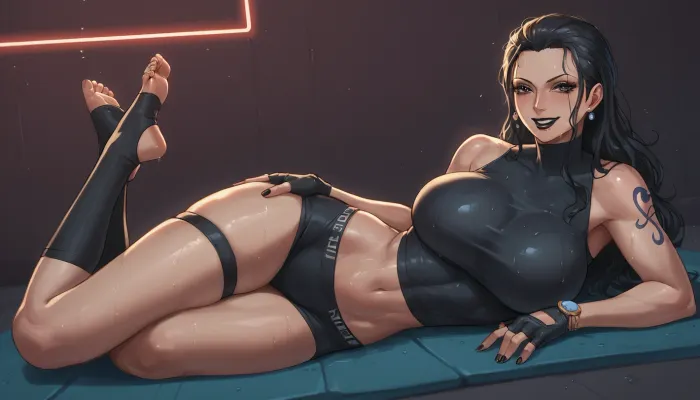 score_9, score_8_up, score_7_up, score_6_up, 2D, mature style, (the illustration is a pencil sketch), messy sketch lines, rosy cheeks, 2woman, long eyelashes, small slender nose, evil look and grin, (laying on their stomach with their feet up), (nico_robin and nami), very muscular bodies, very wet, wearing yoga outfit, thigh-high toeless socks, sleeveless turtleneck yoga top, fingerless gloves, wet hair, very shiny oily body, messy hair, woman has huge massive breasts, large tattoos covering whole body, in a training room at nigh with red lights, red lighting, thigh bands, hatching texture, black lipstick, black eyeliner, <lora:1292301_training_data:1>, <lora:371431_training_data:1.3>, <lora:Anime_Sketch_SDXL:.9>