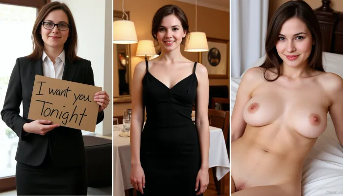 (side-by-side three pictures of a 35yo German woman with medium length brown hair), ., (On the first picture on the left she stands in an office, wears a business dress, glasses, and holds a handmade sign with text "I want you. Tonight"), (On the second picture in the middle she stands in an expensive restaurant, wears an elegant black evening dress and beautiful makeup, updo, jewelry, she is smiling seductively), (On the third picture on the right she seems very drunken and horny, ruined makeup, smeared mascara, (messy hair), nude, she is naked, (hairy detailed pussy), (wet pussy), laying on back in bed, full body view)