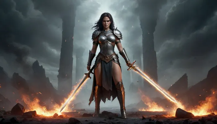 full body view, In this captivating dark fantasy concept art, a powerful barbarian woman dressed in light chainmail armor stands tall and resolute, waist narrow. She faces a colossal final boss with an enormous menacing sword. The fearsome creature looms over her, its eyes glowing ominously and emitting wisps of smoke. The atmosphere is tense and foreboding, with an air of danger and heroism. The colors predominantly feature dark tones, yet the gleams of steel and fire create a sense of tension and anticipation, as if the outcome of this epic scene hangs in the balance. Runes on the blade of her swords are glowing with eldritch energy., cinematic, photo, <lora:nudity_v02_i1300:.5>