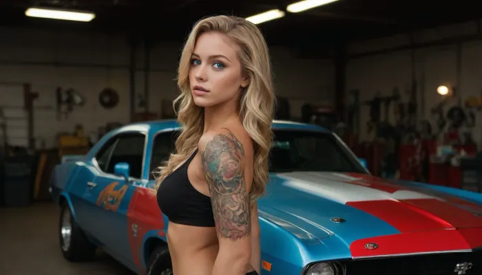 1girl, solo, 22 yo, American woman, tanned, blonde, long hair, wavy hair, blue eyes, striking eye, perfect face, colorful tattoos, textured skin, petite, medium breasts, bending over hood of classic muscle car, arched back, looking over shoulder, (framing:1.2), masterpiece, best quality, highres, ((realistic:1.1), featured on pixiv:1.15), shadows, camera low, wide angle, mechanic shop