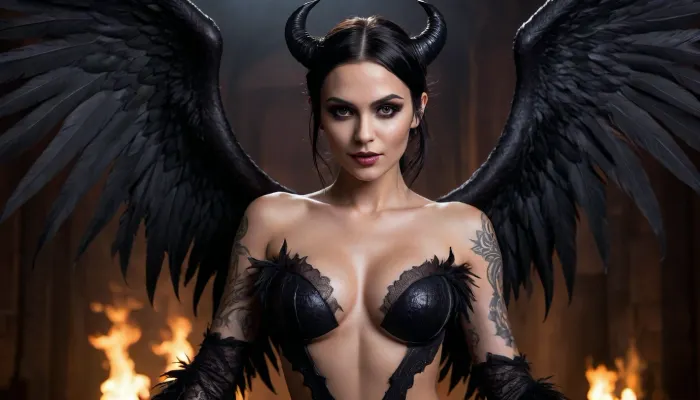 woman, black hair, succubus, full body, black rippled horn, dark, breasts, smokey eye, alluring, glowing eyes, dark fantasy background, grinning, tattoo, black feather wings, <lora:add-detail-xl:.5>