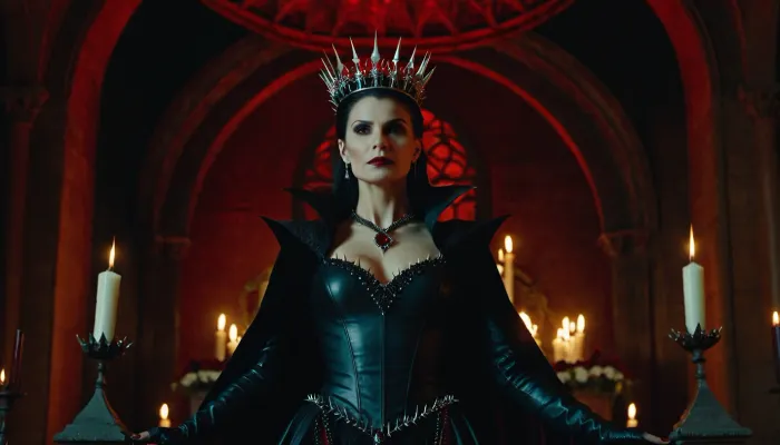 Editorial style photo, an evil vampire queen standing above an alter with her spiked crown. She explains bioluminescence as being similar to the light from a crimson red glow. “But without red glow and from something that’s alive”, dream like, soft, elegant, highly detailed, cinematic light, Cinematic Still