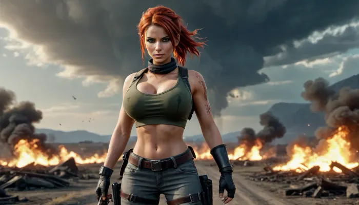 A woman with an athletic, sporty build stands at the forefront, exuding strength and determination. Her fair skin is marked with dirt and scratches from battle. Her striking red hair, slightly tousled, flows from beneath her helmet, adding a wild touch to her fierce presence. Her green or light brown eyes are sharply focused on the horizon, filled with resolve. Her sharp features—high cheekbones and a defined jawline—blend femininity with toughness, reflecting her status as a seasoned survivor. She wears a form-fitting, slightly wrinkled white shirt that emphasizes her bust, (75G), breasts Falling out Shirt, large, breasts, big, boobs, huge, tits, stained with sweat and dirt. The shirt’s sleeves are rolled up, showcasing her muscular arms. A dark tie loosely hangs around her neck, giving her a rugged, battle-ready look. Over her shirt, she wears a bulletproof vest, left open to emphasize her figure, balancing practicality with boldness. On her head is the iconic Level-3 helmet, scratched and dented from countless battles, a symbol of PUBG’s intense action. Strands of red hair escape from beneath it, adding individuality. Across her shoulder is a well-worn M416 assault rifle, showing signs of heavy use, ready for action. A frying pan hangs from her hip, its dark metallic shine symbolizing PUBG’s mix of humor and lethality. Her posture is dynamico, slightly crouched with one leg forward, poised to spring into action. Her hands rest on her weapon, ready for any threat. She stands as a symbol of strength and survival, prepared for whatever comes next in the unforgiving world of PUBG. The background is a desolate battlefield, the ground cracked and dusty, scattered with debris from past firefights. Craters, wreckage, and abandoned weapons litter the area. Thick smoke rises from distant burning vehicles and collapsed buildings. A wrecked Dacia 1300 and a damaged motorcycle lie abandoned, adding to the chaos. Broken walls and ruins spread across the landscape, reinforcing the apocalyptic nature of the environment. The sky is filled with storm clouds, casting shadows over the battlefield, while rays of light break through, highlighting the devastation below. The color palette is gritty, dominated by shades of gray, brown, and ash, underscoring the harsh world. Bright orange explosions and the fiery red glow of fires contrast with the somber colors, adding drama. Dust and smoke swirl through the air, enhancing the chaos. The ground is littered with ammo, discarded weapons, and twisted metal, emphasizing the ongoing battle. Above the scene, the iconic PUBG logo in bold yellow stands out against the dark backdrop, symbolizing the core theme of survival. The woman, strong and determined, perfectly embodies the spirit of PUBG—fighting to survive in a brutal world, <lora:bombshell_v2:2>
