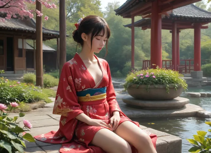 stunningly gorgeous 18 year old Japanese girl, petite, shorty, skinny, slender, narrow waist, (traditional Japanese hair style, flowers:1.3), (intricately detailed kimono:1.4), no underwear, sitting in lotus position, eyes closed, serene face, (in a traditional Japanese pavillion:1.2), (panoramic view of a classic Japanese garden in the background:1.3)