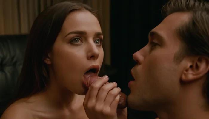 Cinematic still the viewer looks down at a submissive girl kneeling before them. She's gazing up with big, innocent eyes as she takes their cock deep into her throat. Saliva drips down her chin and onto her pert breasts as she gags and slobbers. The first-person perspective immerses the viewer in the sloppy, worshipful blowjob. 4k epic detail, shot on kodak, 35mm photo, sharp focus, high budget, cinemascope, moody, epic, gorgeous, film grain, grainy, score_9, score_8_up, score_7_up, rating, explicit, blowjob, POV, kneeling, submissive, big_eyes, deepthroat, saliva, gagging, slobber